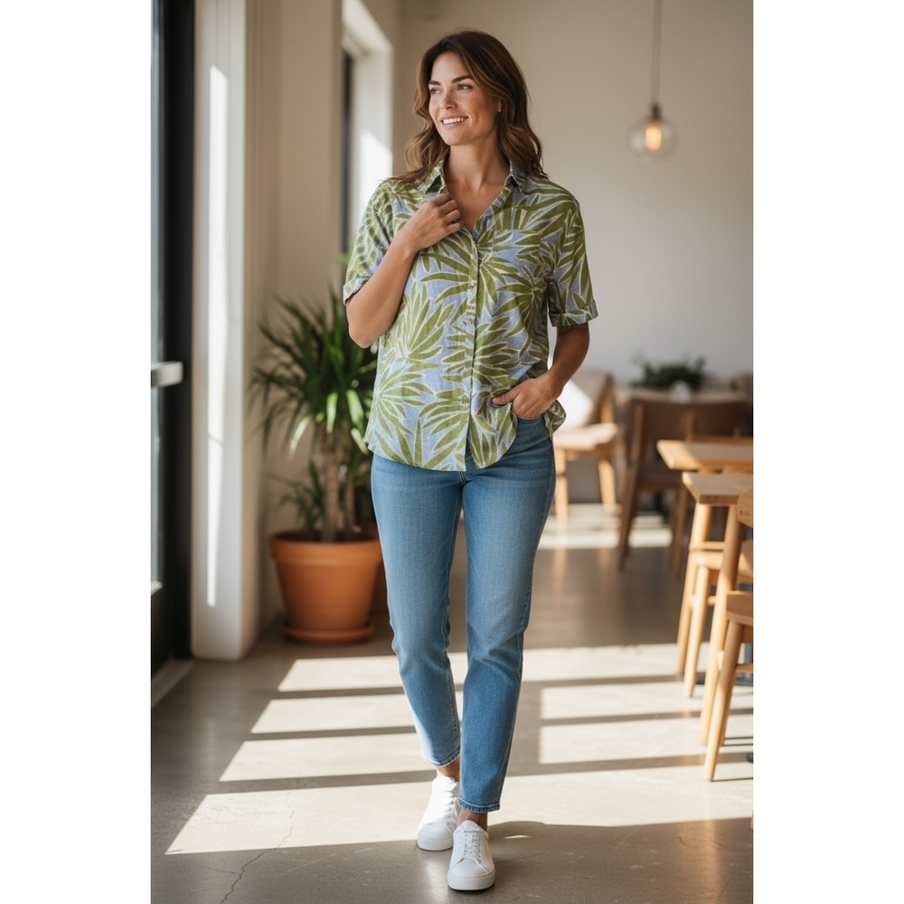 Sigrid Olsen Linen Palm Leaf Print Button Down Short Sleeve Shirt Size Small NWT